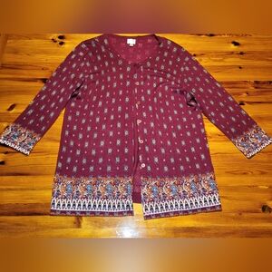 Dress Barn Burgundy Patterned Cardigan